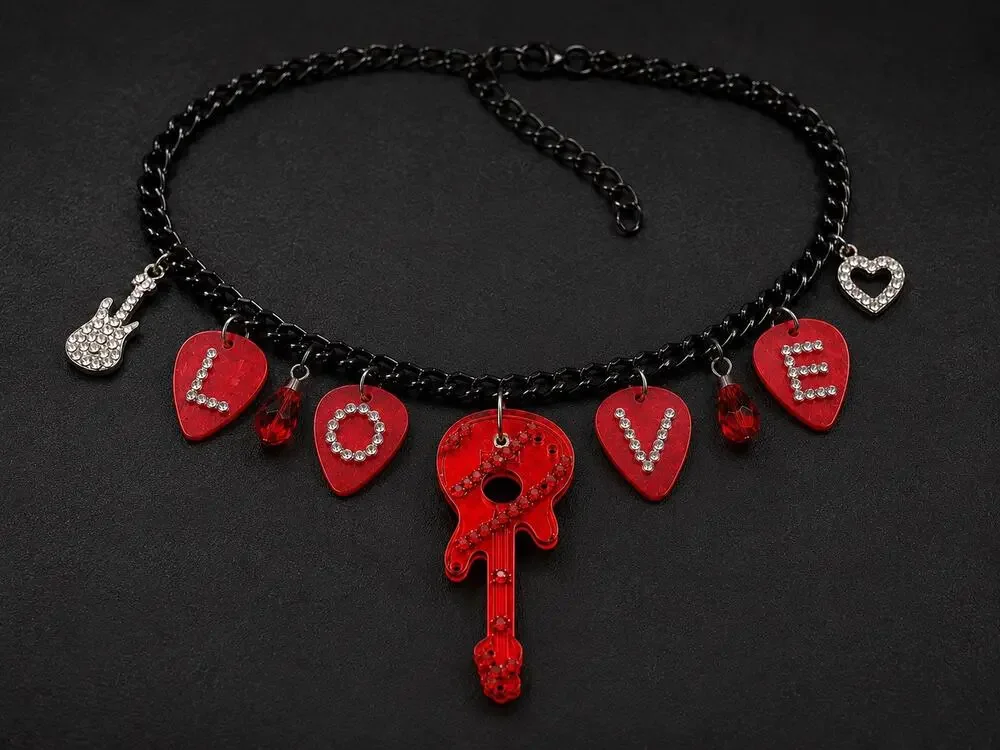 Handmade Red Guitar Pendant LOVE Guitar Pick Crystal Heart Necklace 12.75”